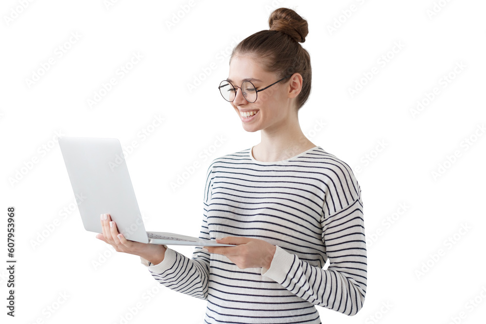 Happy student girl wearing glasses, standing with laptop Happy student girl wearing glasses, standing with laptop