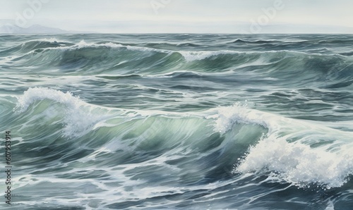  a painting of a large body of water with waves coming in. generative ai