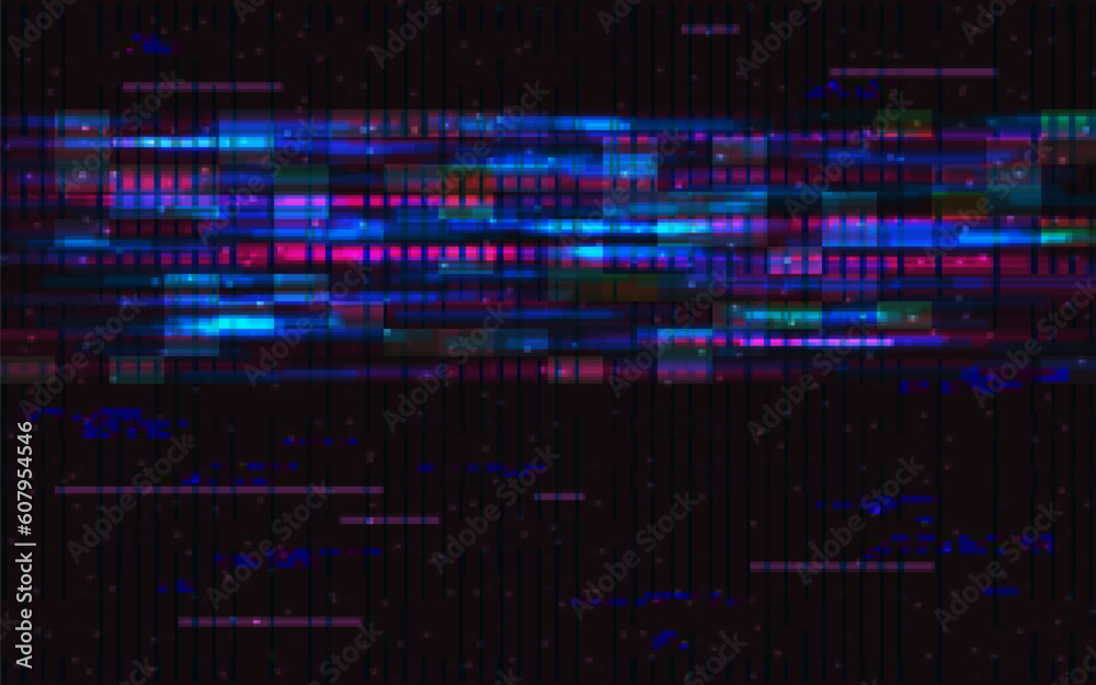 Glitch digital texture. Dark cyberpunk distortion effect. Futuristic video error. No signal template. Bright random horizontal lines. Dynamic pixel mosaic. Vector illustration Glitch digital texture. Dark cyberpunk distortion effect. Futuristic video error. No signal template. Bright random horizontal lines. Dynamic pixel mosaic. Vector illustration