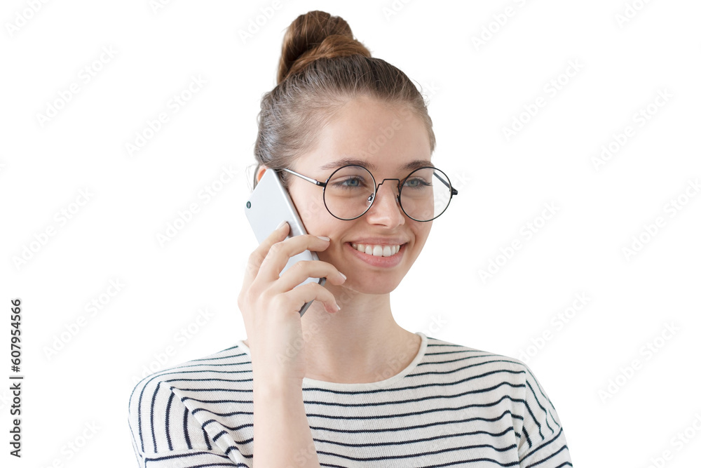 Side portrait of young woman wearing glasses, talking on the phone with smile