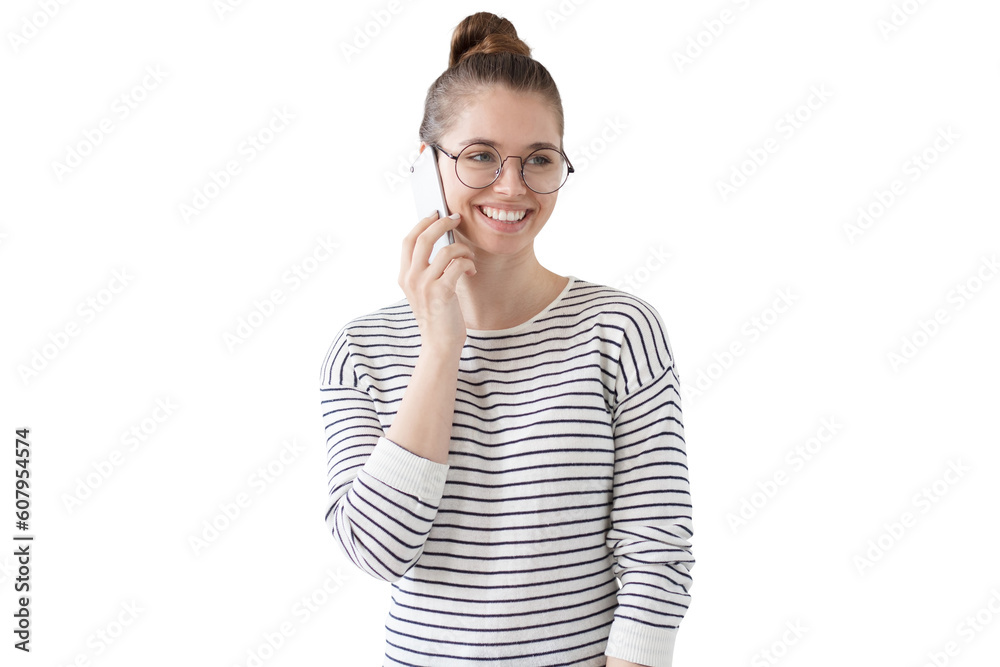 Happy female student wearing glasses, talking on the phone with cheerful smile Happy female student wearing glasses, talking on the phone with cheerful smile