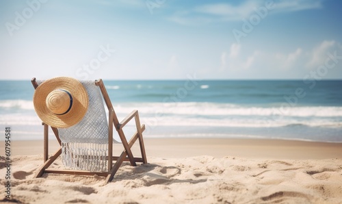 Fotografiet a beach chair with a straw hat on top of it.  generative ai