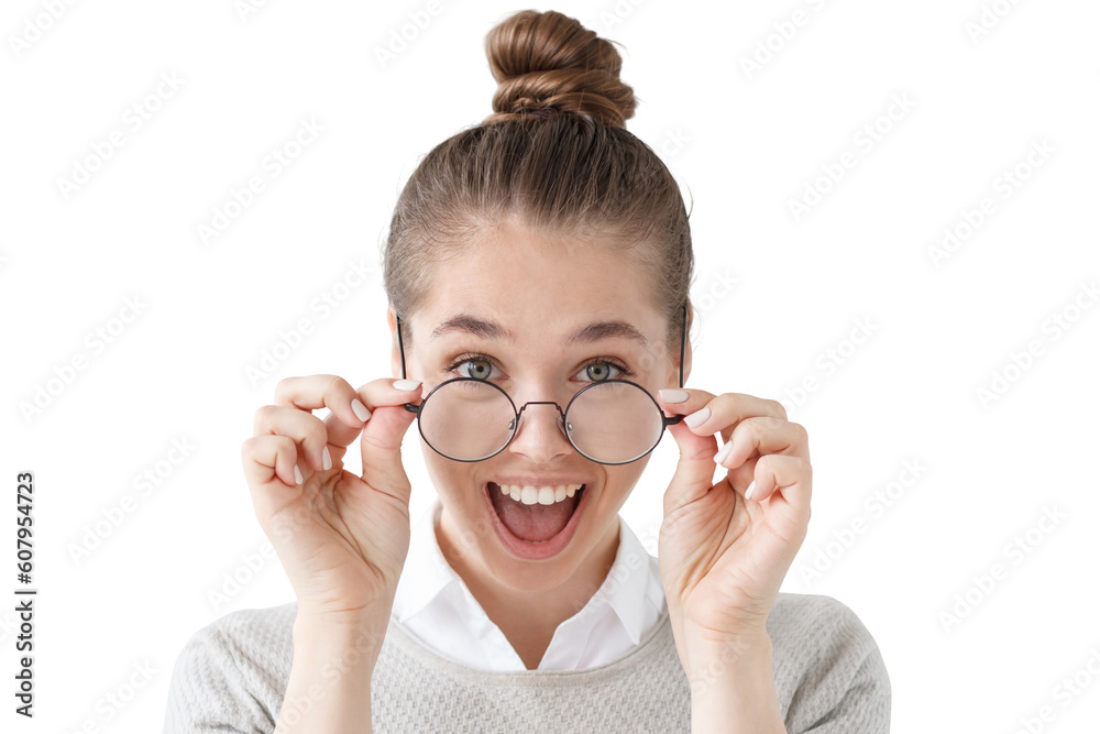 Excited girl holding round glasses, mouth open wide in surprise with good offer Excited girl holding round glasses, mouth open wide in surprise with good offer