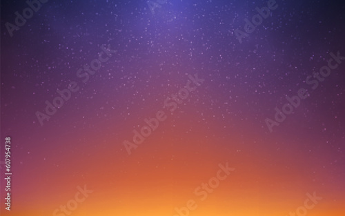 Sunset stars. Realistic orange gradient with starlight effect. Starry night sky. Cosmic banner template with soft light. Realistic blurred sky with sunlight. Vector illustration