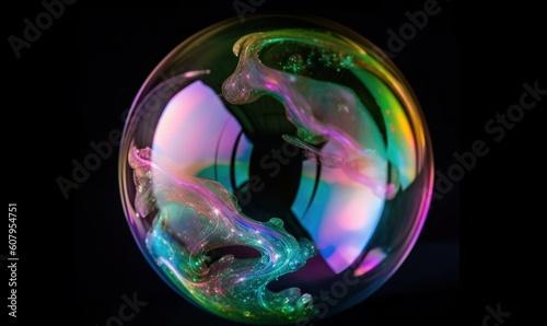  a glass ball with a lizard in it on a black background.  generative ai