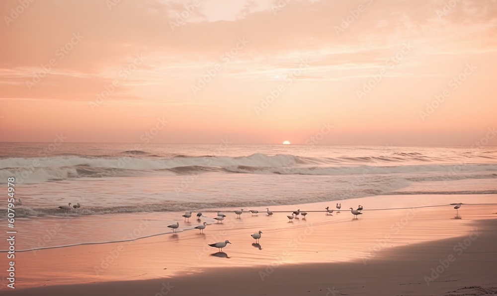  a flock of birds standing on top of a sandy beach.  generative ai