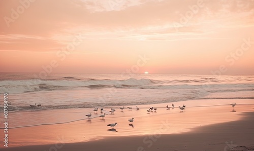  a flock of birds standing on top of a sandy beach. generative ai