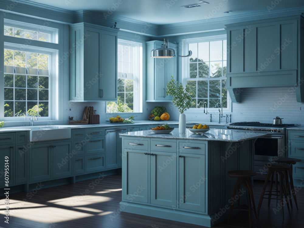 Fototapeta premium A realistic portrayal of a modern and spacious kitchen emerges, bathed in abundant light and adorned with light colors.