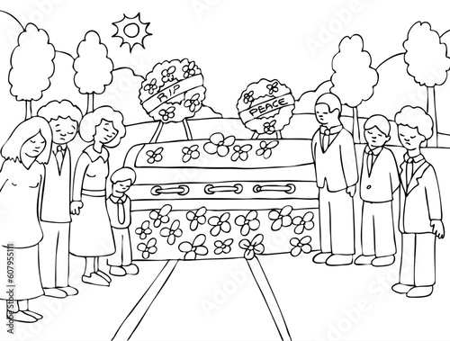 People mourn a lost loved one at an outside funeral - black and white.