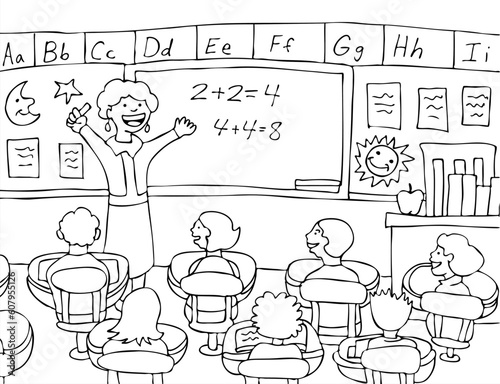 Female teacher gives a lecture to her elementary class on basic math in the classroom - black and white.