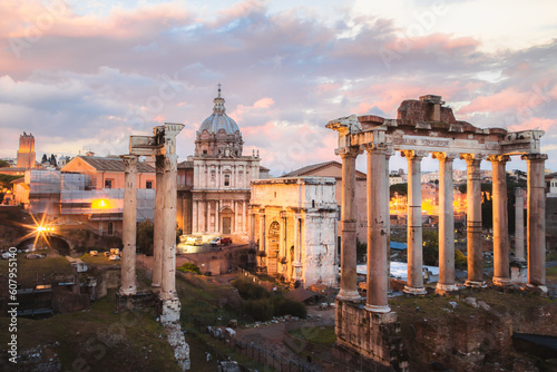Sunset or sunrise view from Campidoglio and of the classical architecture of the ancient Roman Forum in Rome, Italy.