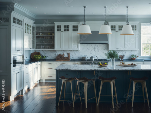 A realistic portrayal of a modern and spacious kitchen emerges, bathed in abundant light and adorned with light colors.