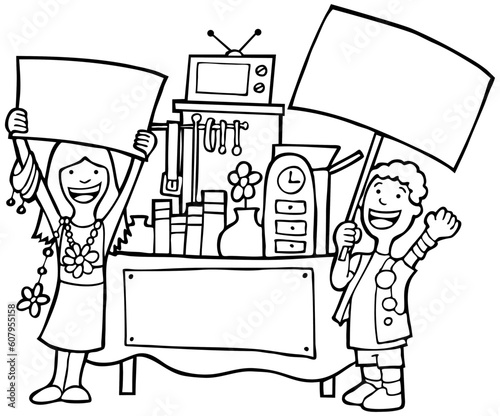 Two kids promote their yard sale - black and white.