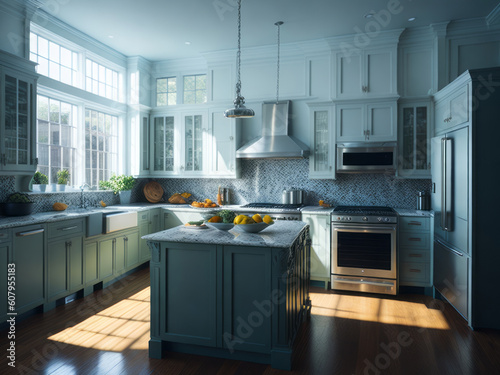 A realistic portrayal of a modern and spacious kitchen emerges, bathed in abundant light and adorned with light colors.