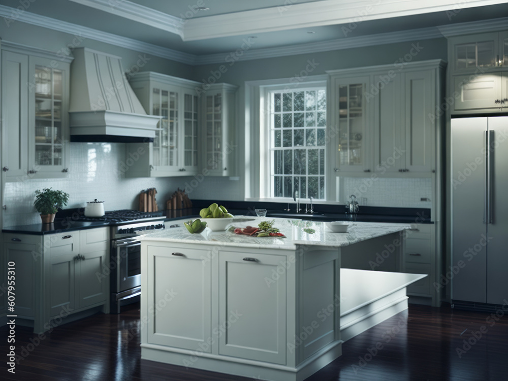 A realistic portrayal of a modern and spacious kitchen emerges, bathed in abundant light and adorned with light colors. A realistic portrayal of a modern and spacious kitchen emerges, bathed in abundant light and adorned with light colors.