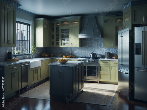 A realistic portrayal of a modern and spacious kitchen emerges, bathed in abundant light and adorned with light colors.