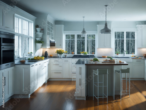 A realistic portrayal of a modern and spacious kitchen emerges, bathed in abundant light and adorned with light colors.