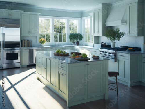 A realistic portrayal of a modern and spacious kitchen emerges, bathed in abundant light and adorned with light colors.