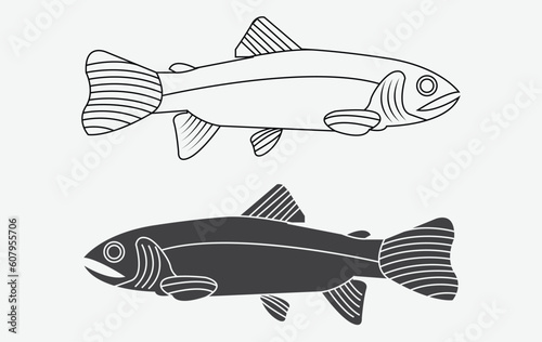 Fish line art, fish hand drawing vintage engraving illustration. Fish line art for coloring book, T-shirt design, Logo design, 