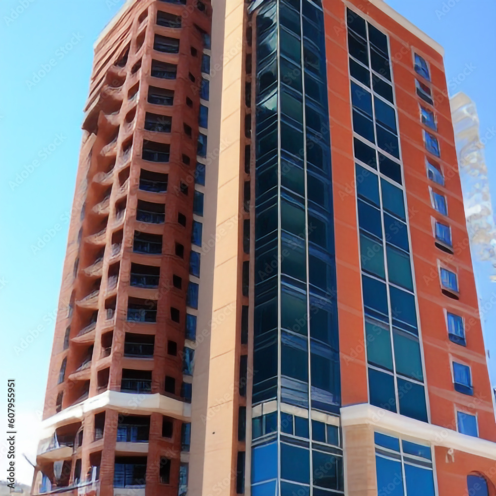 high-rise buildings in a residential area painted with a brush. red color