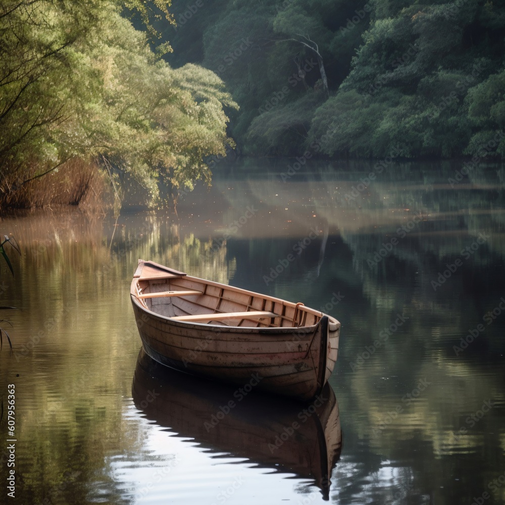abandoned wooden rowboat on a calm lake created with Generative AI technology