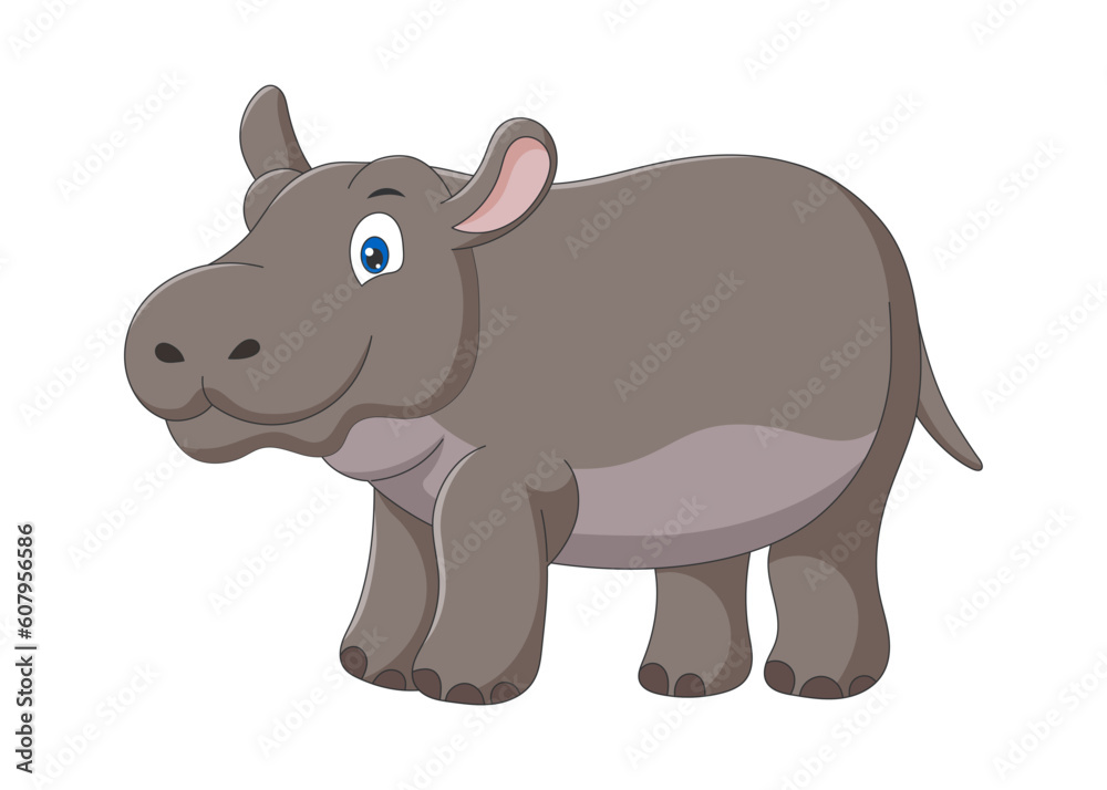 Cute cartoon hippo. Drawing african baby wild animal smiling hippopotamus. Kind smiling jungle safari animal river horse. Creative graphic hand drawn print. Vector eps illustration