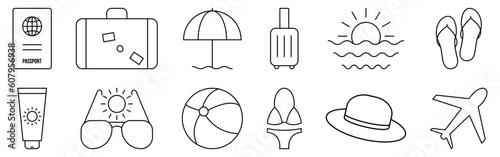 Set of travel line icons. Contains such icons as passport, luggage, plane, sunglasses, flip flop, ball, sunscreen, swimsuit, sun hat and others. Vector illustration