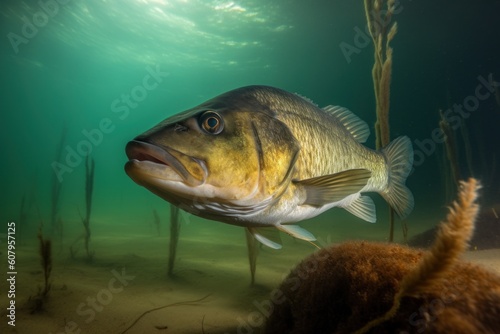 Fish at the bottom of the river. Freshwater underwater fish portrait, closeup. Generated AI underwater wildlife photo