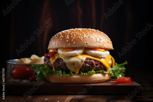 Hamburger on a dark wood background. Tasty cheeseburger on the table. Generated AI food