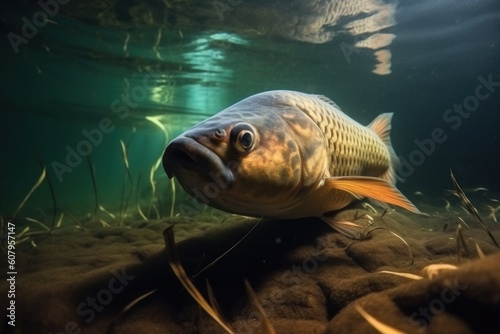 Underwater fishing in the river. Carp fish macro view. Big lake fish portrait. Generated AI underwater wildlife photo