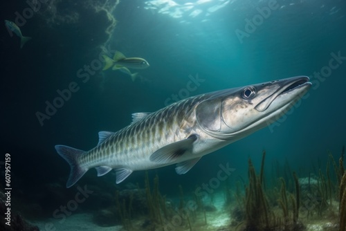 Big barracuda underwater ocean portrait. Sea fishing closeup view. Saltwater fish, macro view. Generated AI fish