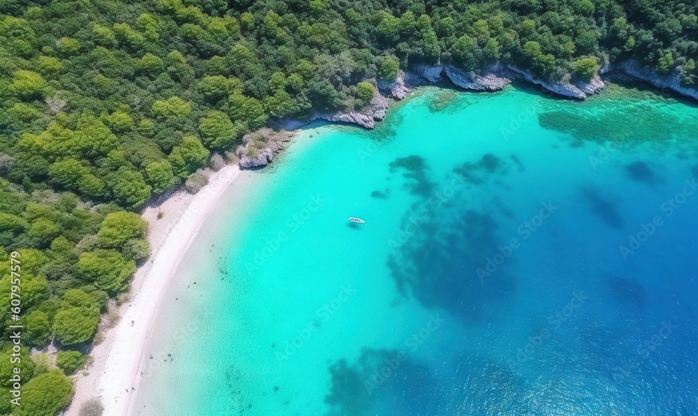  an aerial view of a beach with a boat in the water.  generative ai