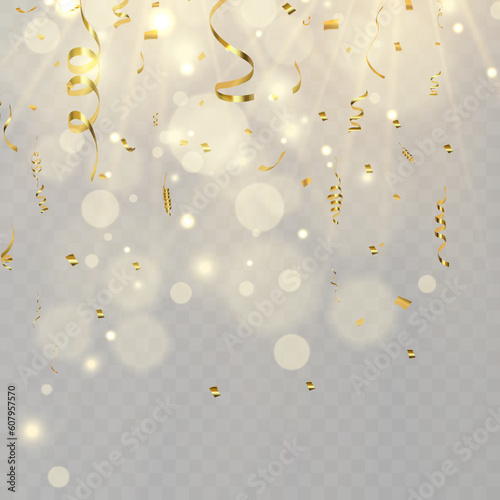 Gold serpentine and confetti isolated on black background. Vector illustration. 