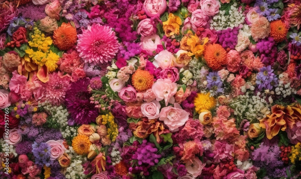  a large amount of colorful flowers are arranged in a pattern.  generative ai