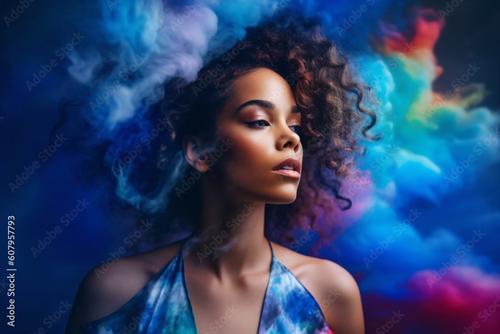 cute young woman in blue top surrounded by colorful fog created with Generative AI technology