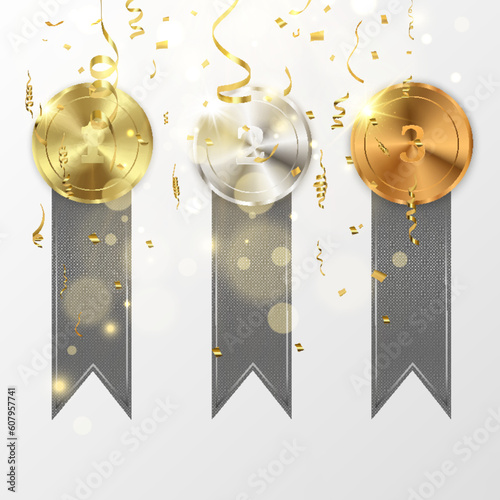 Set of gold, bronze and silver. Award medals isolated on transparent background. Vector illustration of winner concept.
