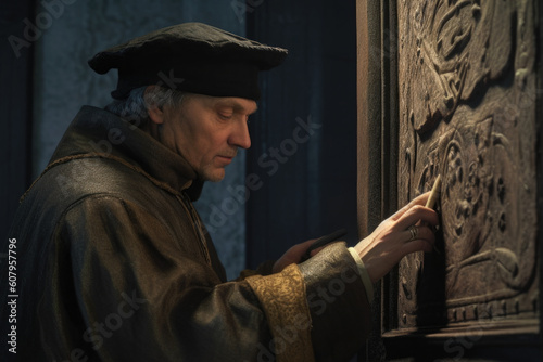 Martin Luther nailing his 95 Theses to the door of the castle church in Wittenberg in 1517 (Generative AI)