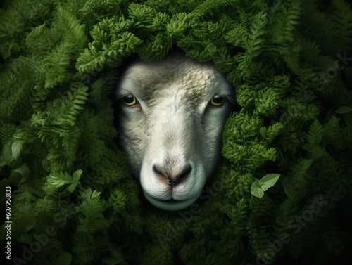 A sheep's face is peeking out from the green foliage Generative Ai