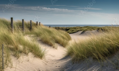  a sandy path leading to the beach with grass growing out of it. generative ai