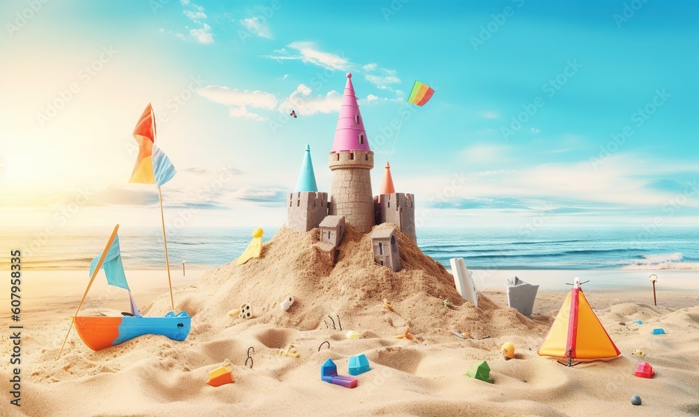 a sand castle on the beach with flags flying in the wind. generative ai a sand castle on the beach with flags flying in the wind. generative ai