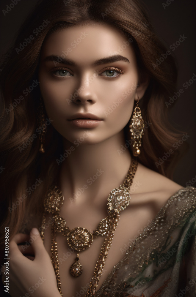A woman wearing a gold necklace and earrings Generative Ai