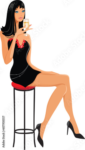 Vector illustration of slim glamour brunette witha glass of chummy