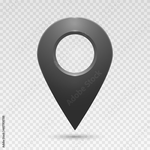 The geolocation icon is dark gray with highlights on a transparent background. Realistic geolocation map pin code icon. Vector EPS 10.
