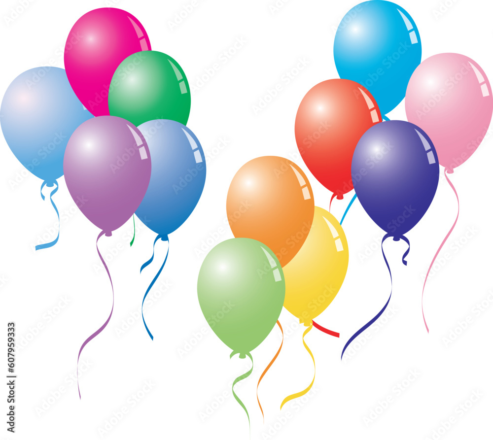eleven colorful balloons with curly ribbons in vector format.