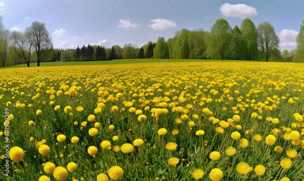 Fototapeta premium a field full of yellow flowers with trees in the background. generative ai