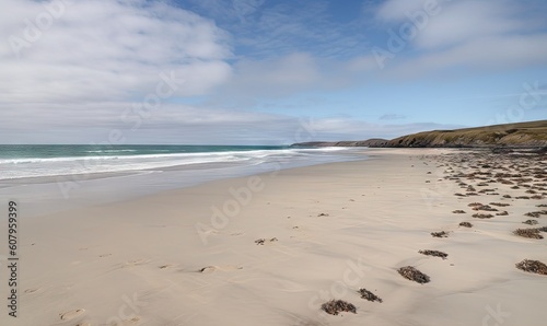  a sandy beach with footprints in the sand and a body of water in the distance. generative ai