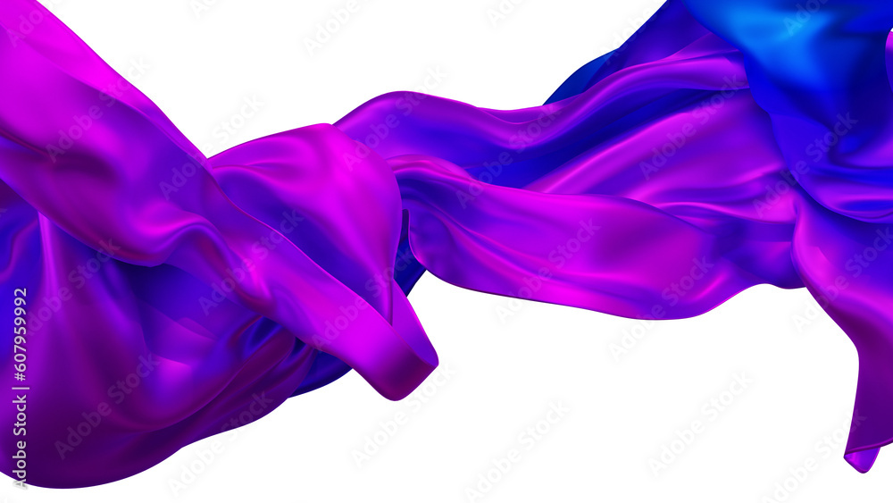 Fototapeta premium Purple silk fabric design element, 3d rendering silk cloth material flying in the wind. Waving satin cloth isolated on transparent PNG background