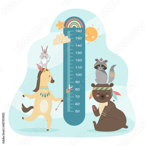 Kids height chart with cute boho animals vector illustration. Cartoon ruler with millimeter scale to measure growth of child with funny tribal raccoon and bear, bohemian bunny and pony with arrow
