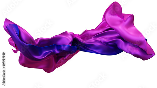 Purple silk fabric design element, 3d rendering silk cloth material flying in the wind. Waving satin cloth isolated on transparent PNG background 