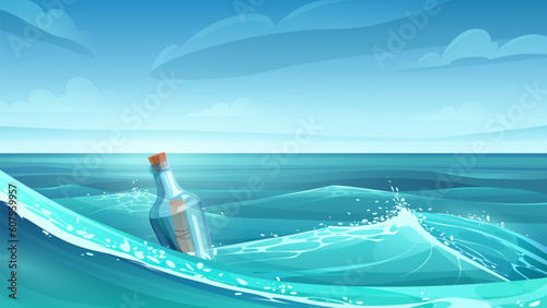 Cartoon scenery of tropics, paper hope message or scroll map of pirate treasure inside bottle in water. Tropical sea landscape with glass bottle vector illustration